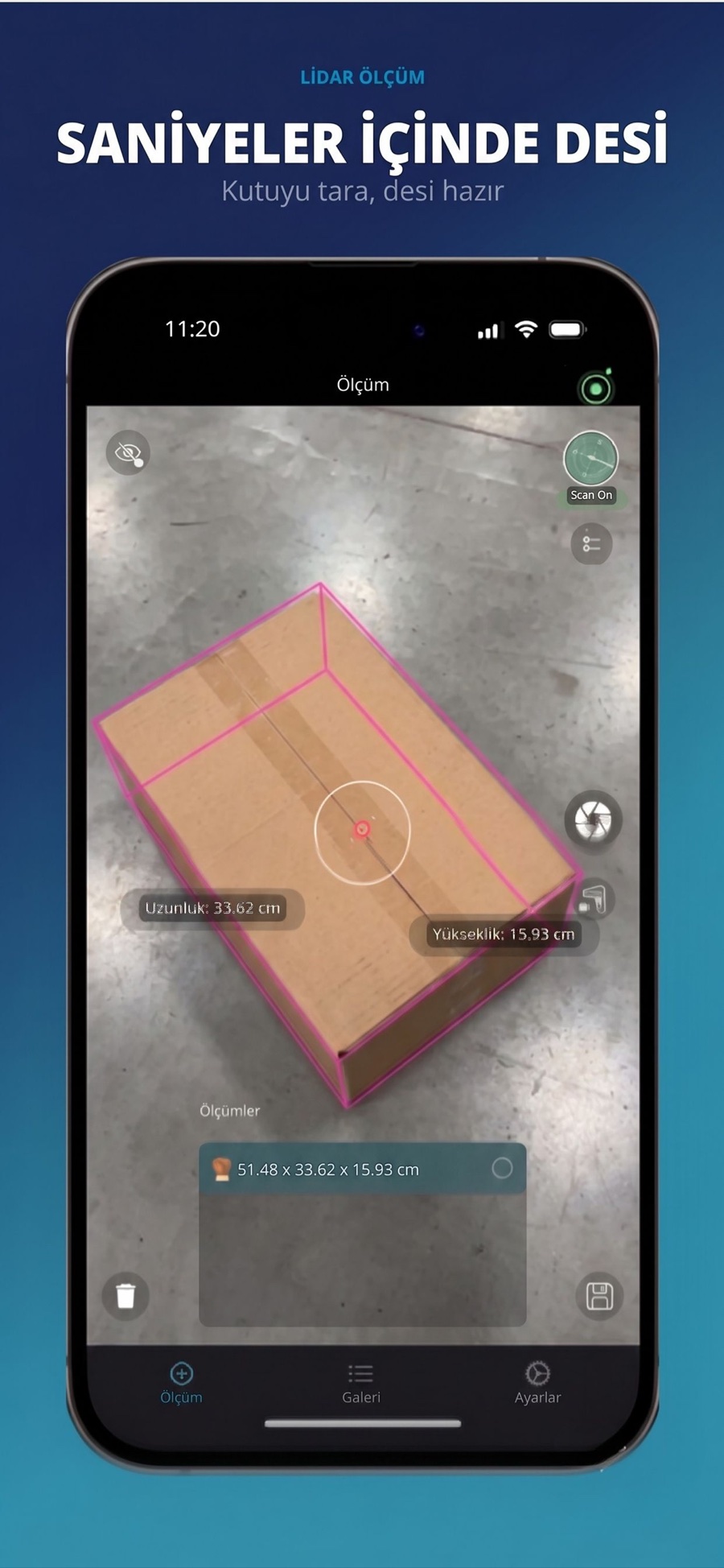 CubixPro uygulamasında LiDAR ile paket ölçümü
